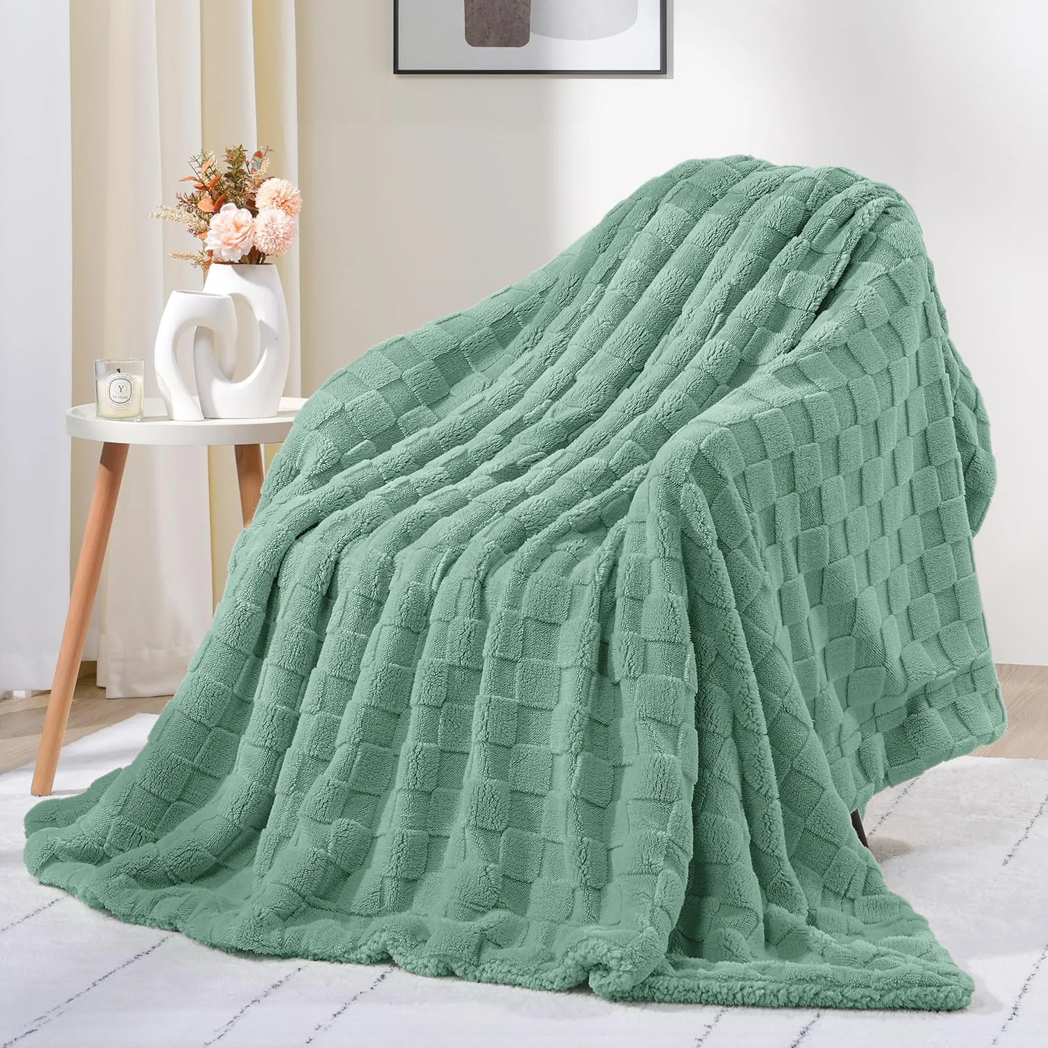 Ultra Soft Throw Blanket for Couch and Bed, Cozy Sherpa Fleece Thick Warm Throw Blanket for Winter, Decorative 3D Checkered Blanket for Camping, Sage Green 50x60 Inches
