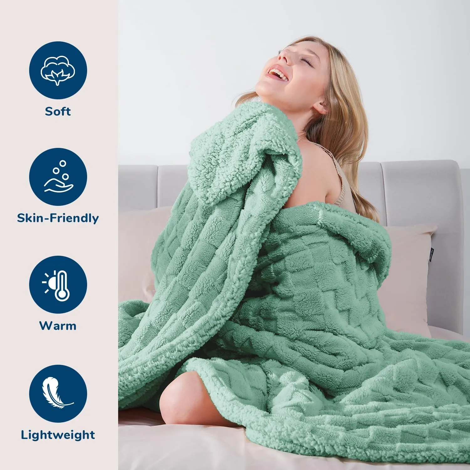 Ultra Soft Throw Blanket for Couch and Bed, Cozy Sherpa Fleece Thick Warm Throw Blanket for Winter, Decorative 3D Checkered Blanket for Camping, Sage Green 50x60 Inches