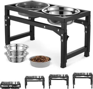 Veehoo Elevated Dog Bowls - Metal Stand with Slow Feeder & 2 Stainless Steel Food & Water Bowls, Non-Slip, Adjusts to 3.7"-12" for Large, Medium & Small Dogs, Black