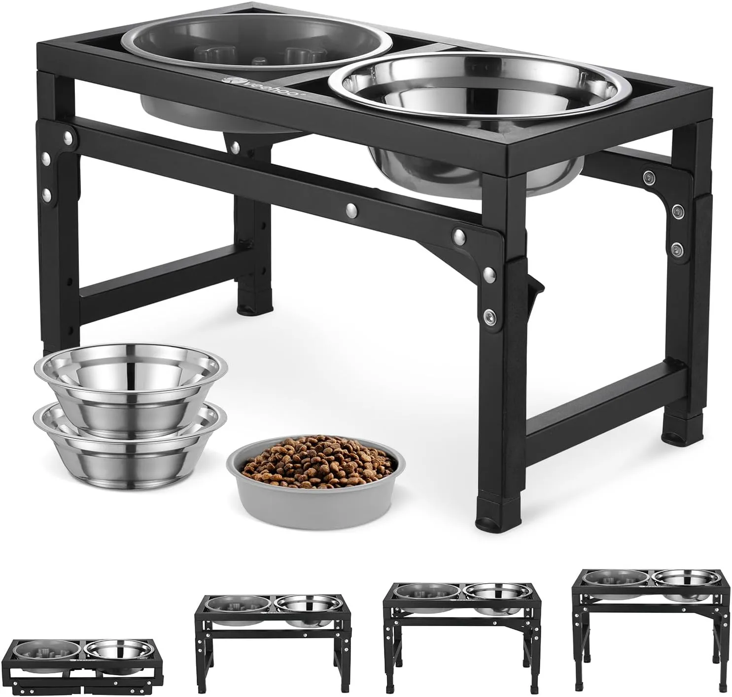 Veehoo Elevated Dog Bowls - Metal Stand with Slow Feeder & 2 Stainless Steel Food & Water Bowls, Non-Slip, Adjusts to 3.7"-12" for Large, Medium & Small Dogs, Black