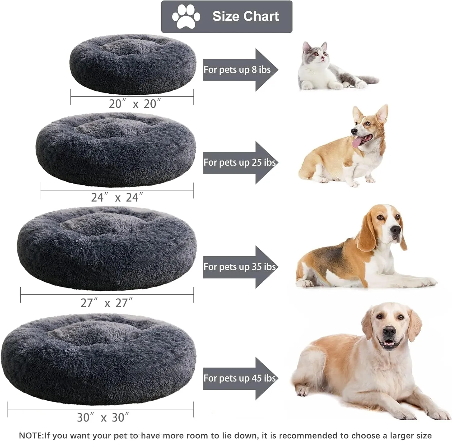WNPETHOME Calming Dog Beds for Large Dogs, Anti-Anxiety Donut Pet Bed, Fluffy Faux Fur Plush Dog BedWarming Cozy Soft Round Pet Bed for Large Jumbo Dogs, Cat Cuddler Cushion