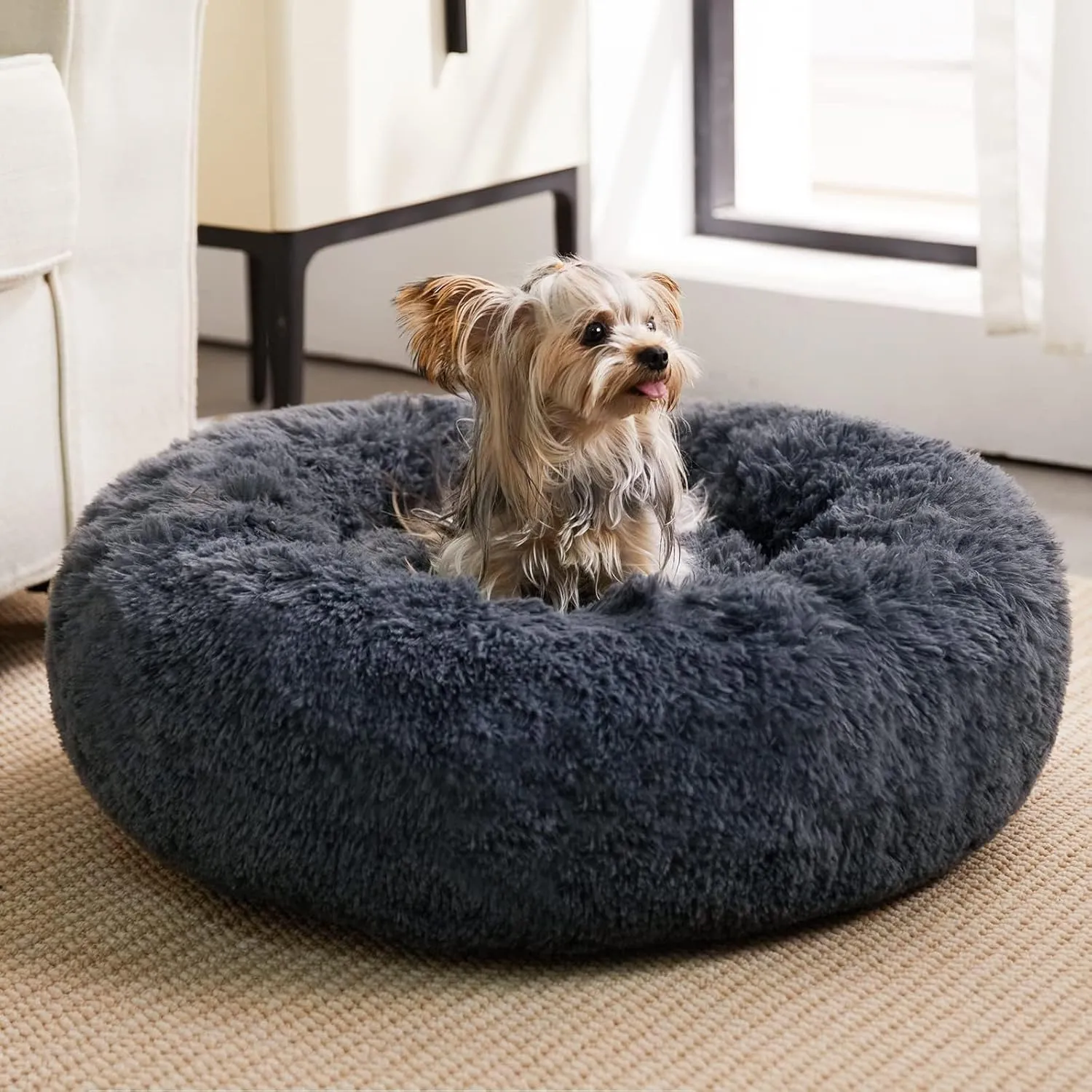 WNPETHOME Calming Dog Beds for Large Dogs, Anti-Anxiety Donut Pet Bed, Fluffy Faux Fur Plush Dog BedWarming Cozy Soft Round Pet Bed for Large Jumbo Dogs, Cat Cuddler Cushion