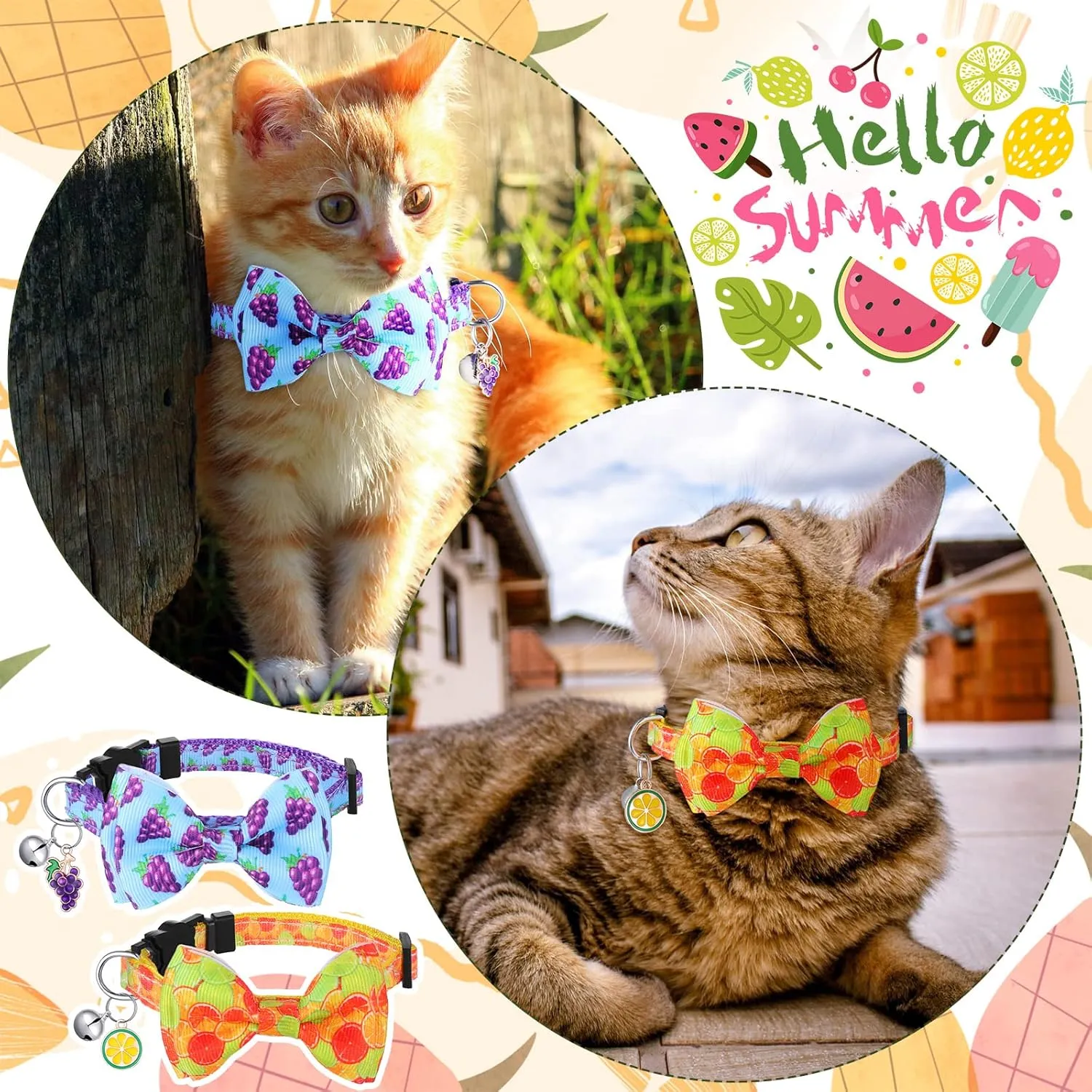 Xuniea 6 Pack Fruit Cat Collar, Summer Cute Breakaway Bow Tie Collars for Girl Cats Kitten Outfits, Adjustable, Strawberry Watermelon Avocado Pattern Design(Small)