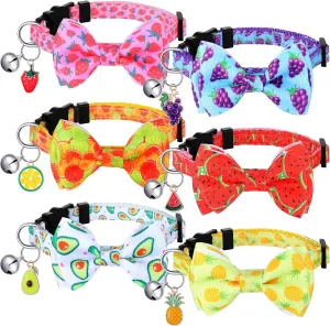 Xuniea 6 Pack Fruit Cat Collar, Summer Cute Breakaway Bow Tie Collars for Girl Cats Kitten Outfits, Adjustable, Strawberry Watermelon Avocado Pattern Design(Small)